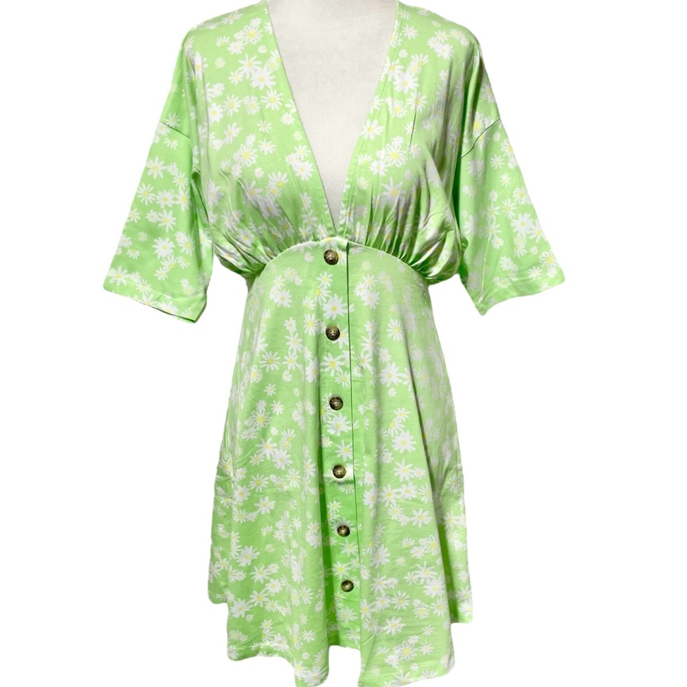New ASOS Daisy Print Button Front V-Neck Short Sleeve Mini Dress Green Size 0